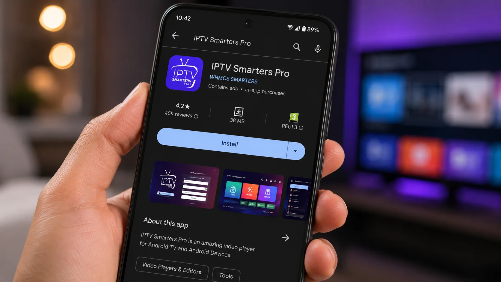 Installing IPTV Smarters Pro from the Google Play Store on an Android phone