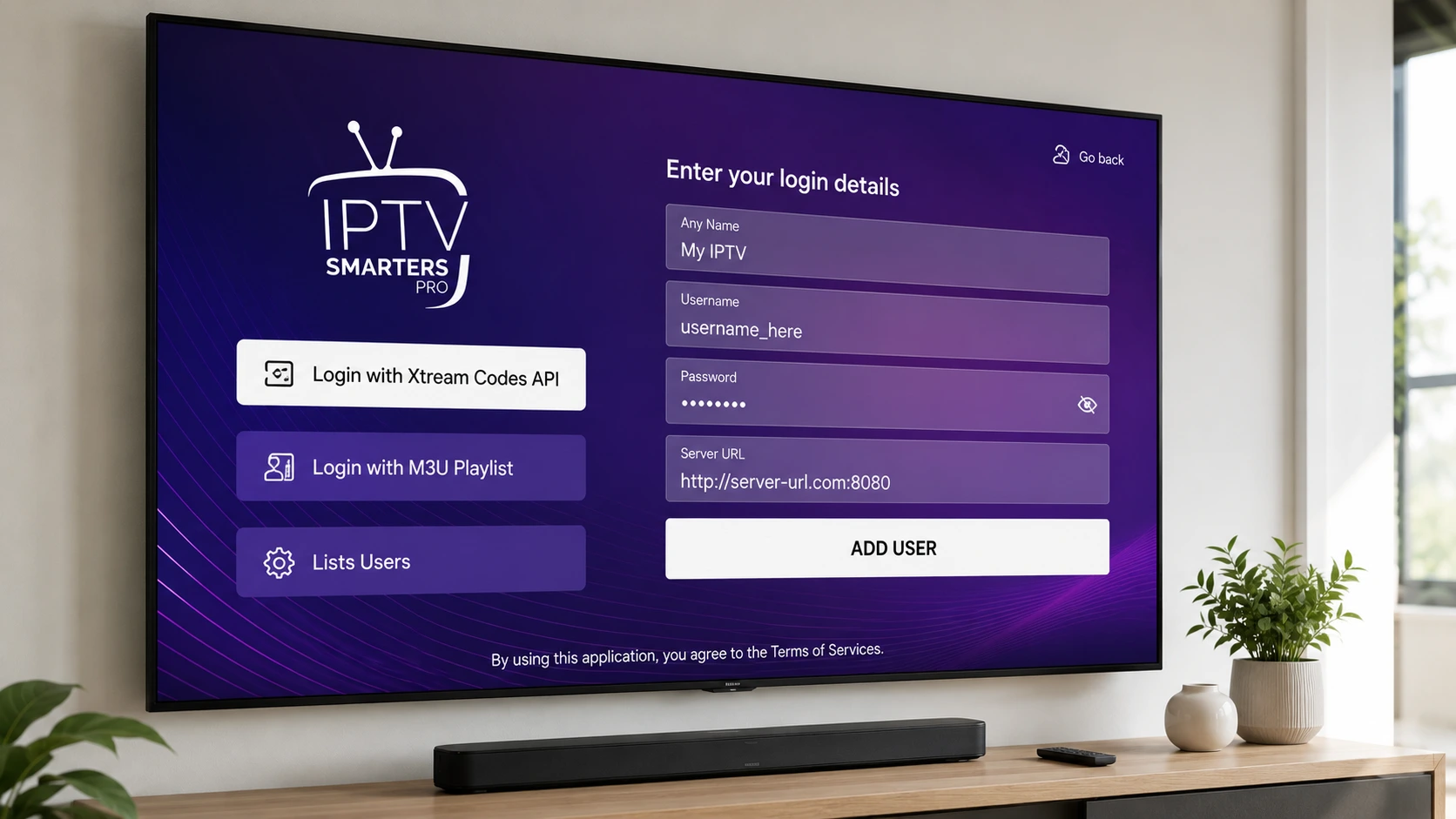 IPTV Smarters Pro Xtream Codes login screen on Android TV