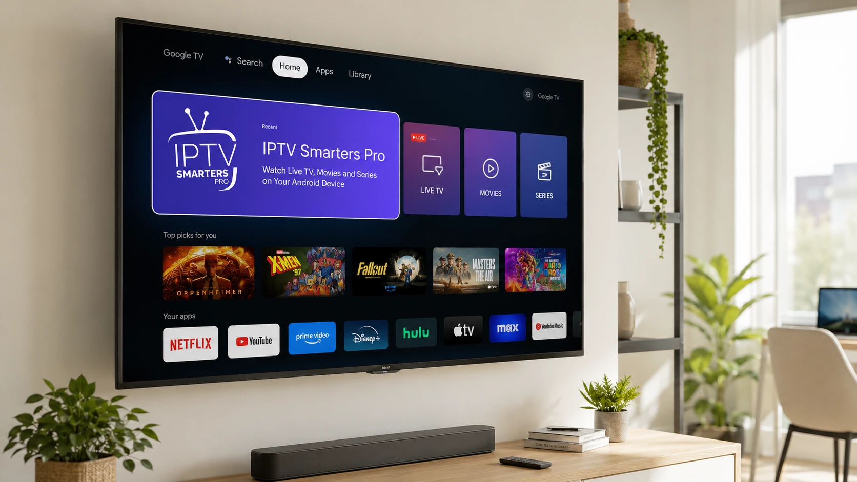 IPTV Smarters Pro for Android TV home screen on a Google TV