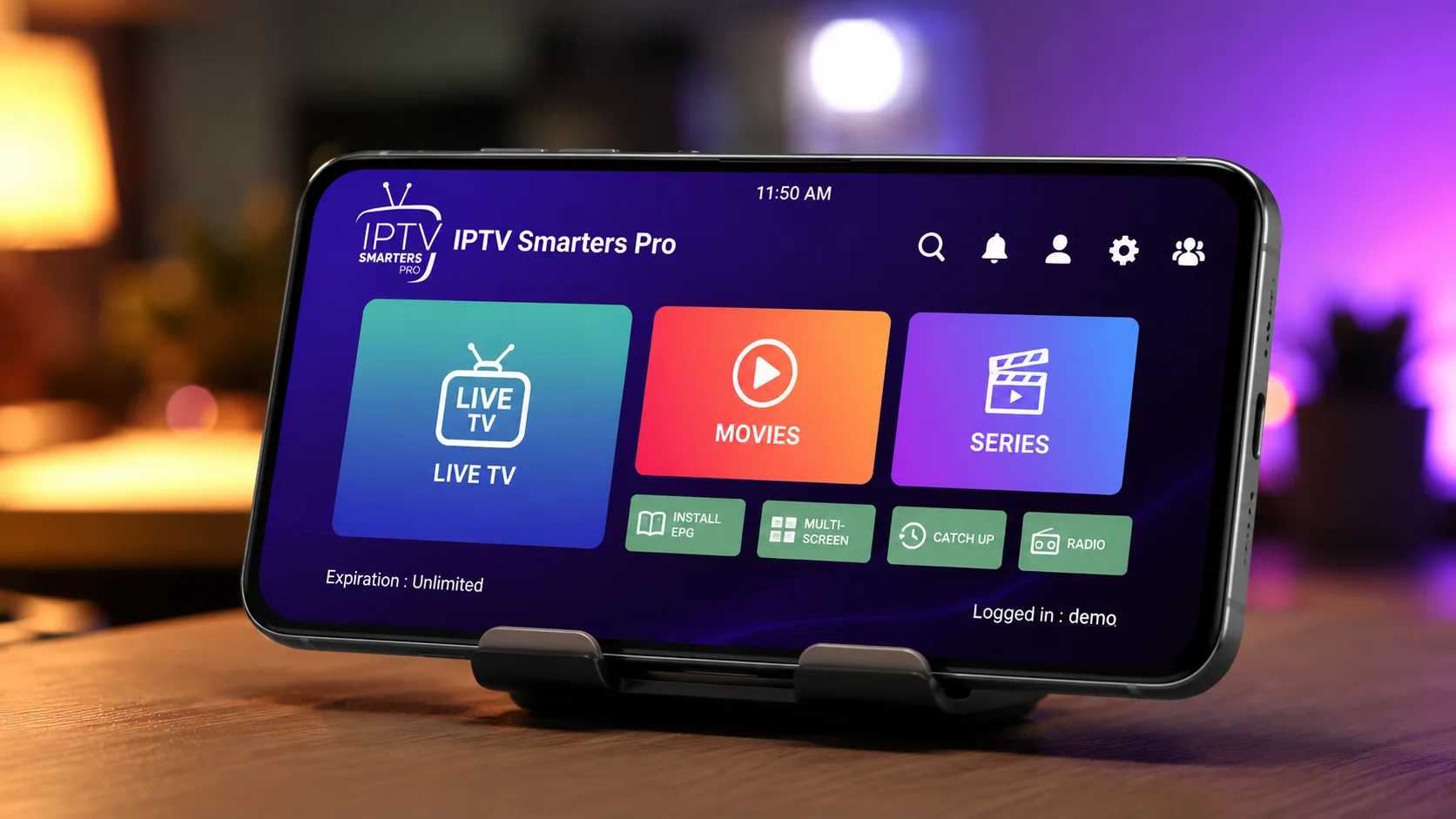 IPTV Smarters Pro for Android app running on an Android phone held in hand