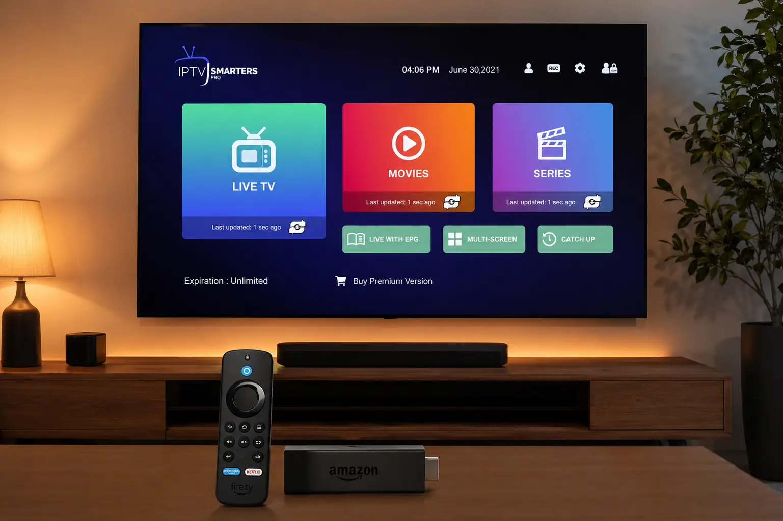IPTV Smarters Pro for Firestick home screen running on a TV with Amazon Fire TV Stick