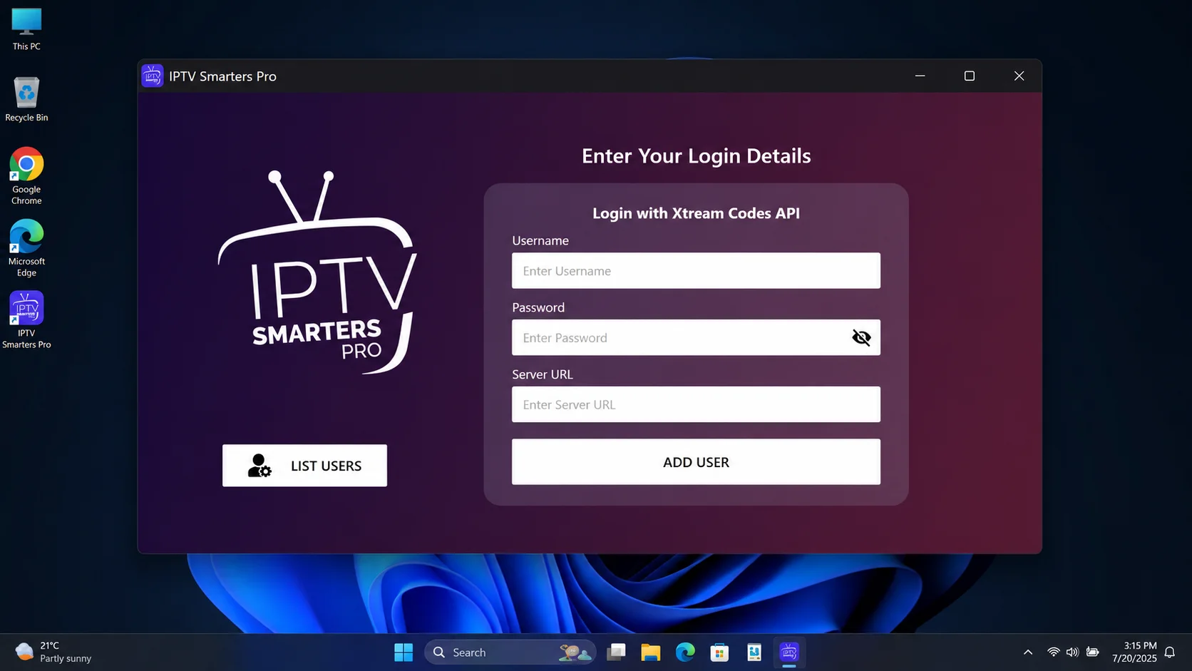 IPTV Smarters Pro Xtream Codes login screen on a PC