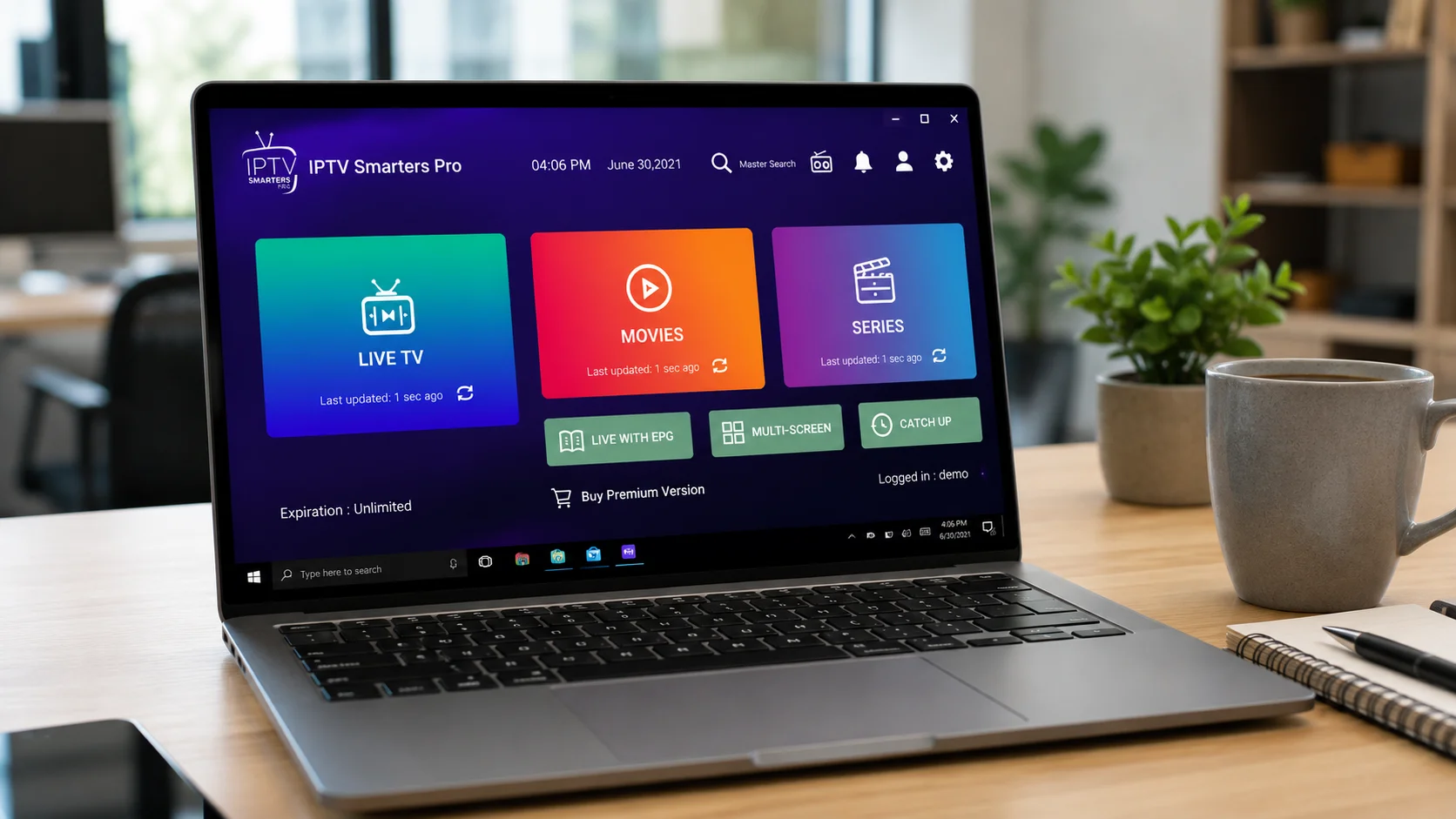IPTV Smarters Pro for PC running on a Windows laptop