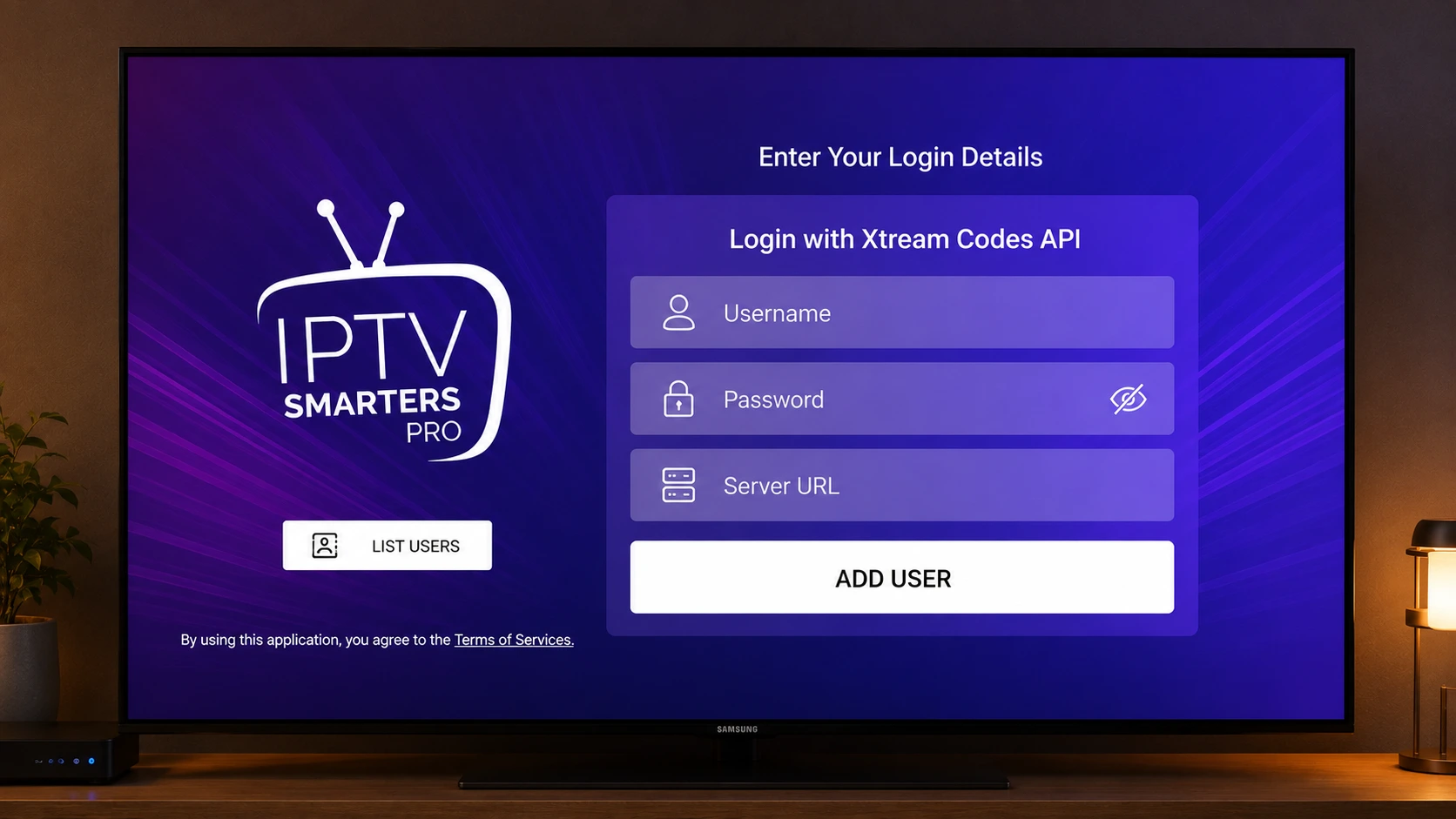 IPTV Smarters Pro Xtream Codes login screen on a Smart TV