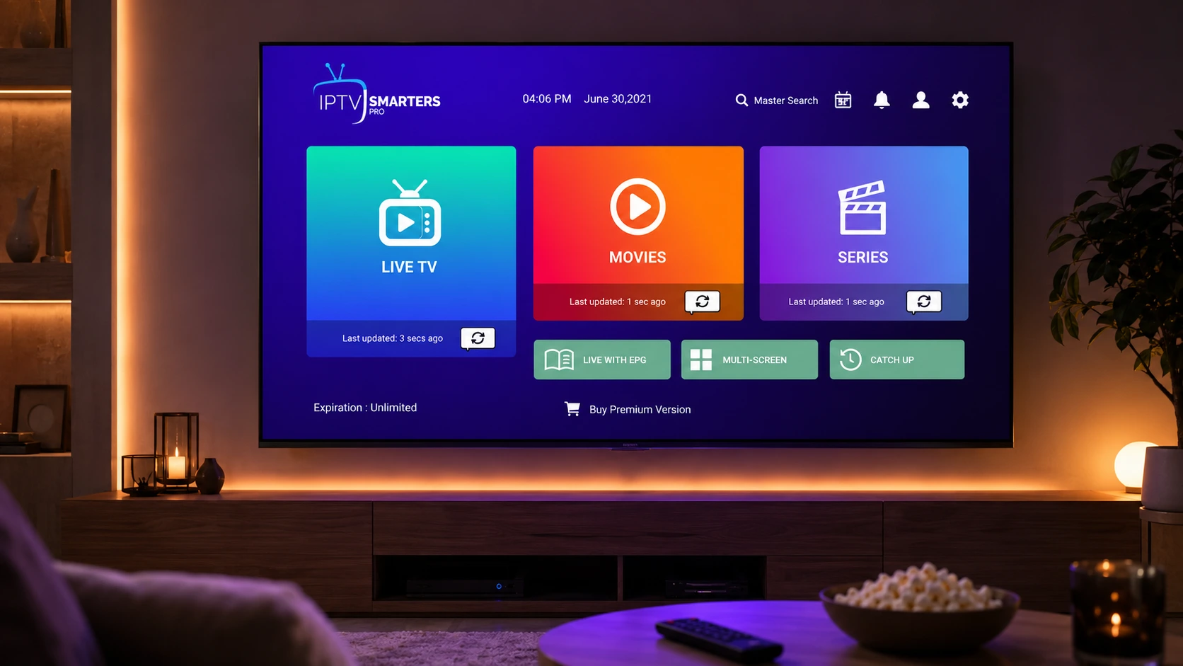 IPTV Smarters Pro for Smart TV home screen on a Samsung or LG television