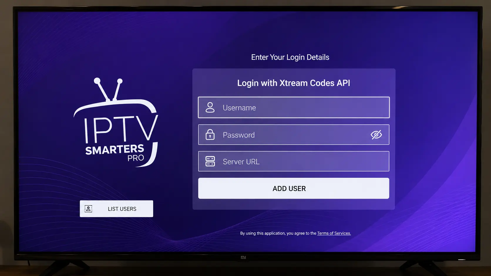 IPTV Smarters Pro Xtream Codes API login screen on Firestick