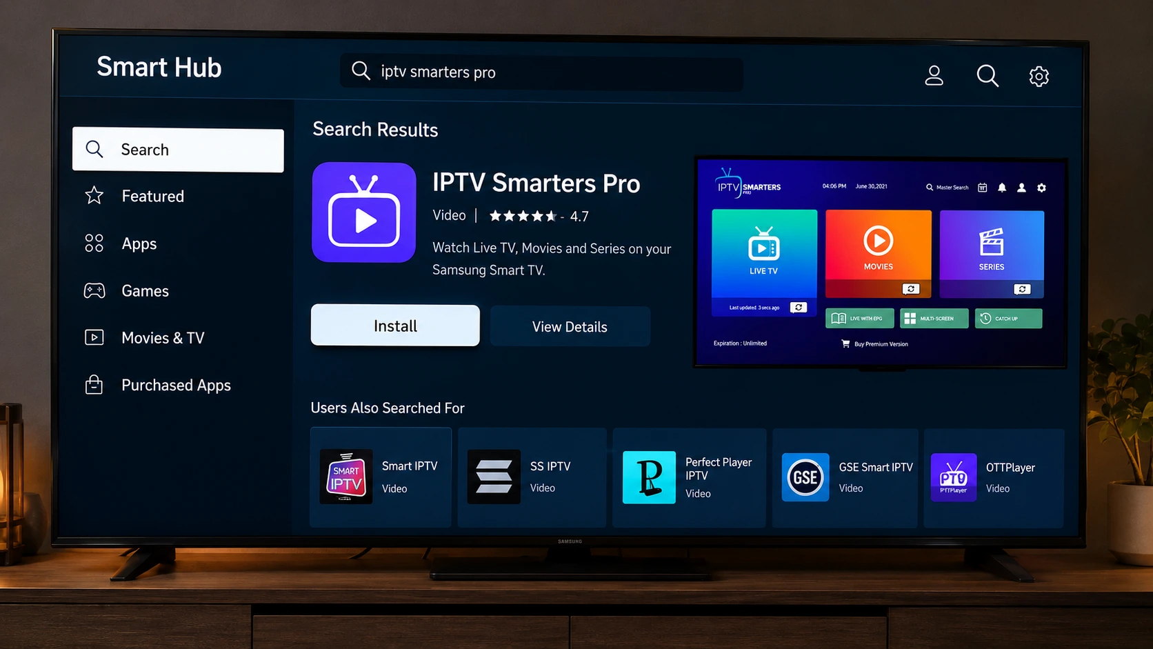 Searching for IPTV Smarters Pro in the Samsung Smart Hub app store
