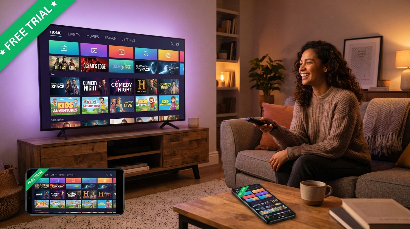 the service — a TV showing channels with a free trial badge