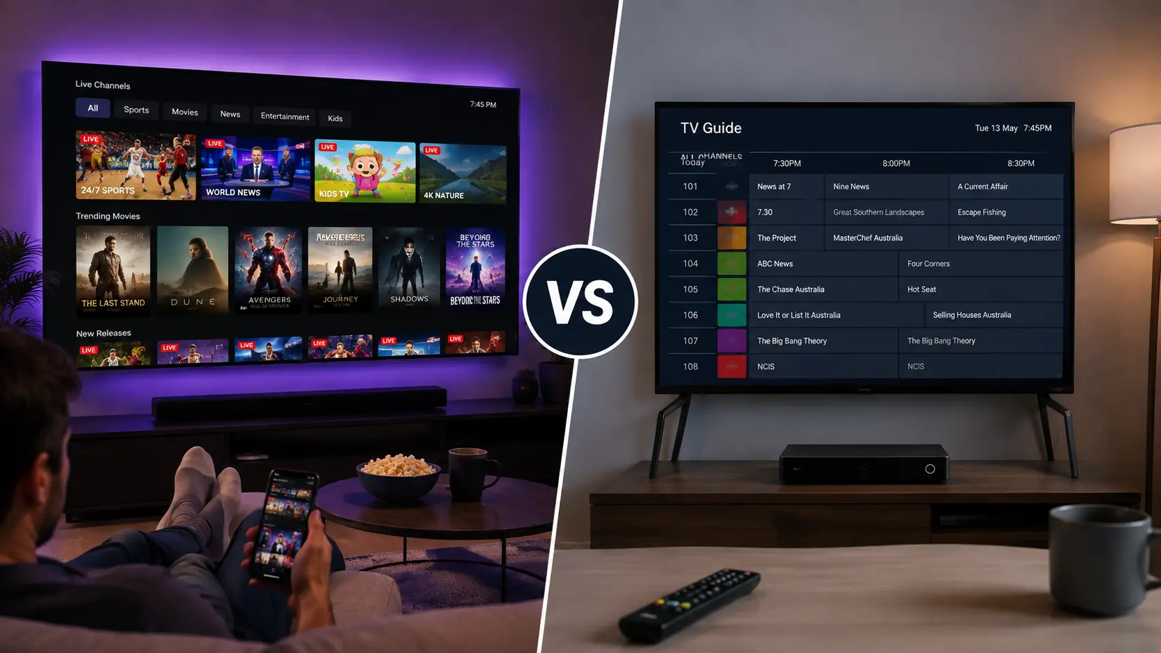 IPTV vs Foxtel comparison on a TV screen showing channels and price